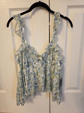 Wild Fable Blue & Yellow Floral Ruffle Tank Size Large